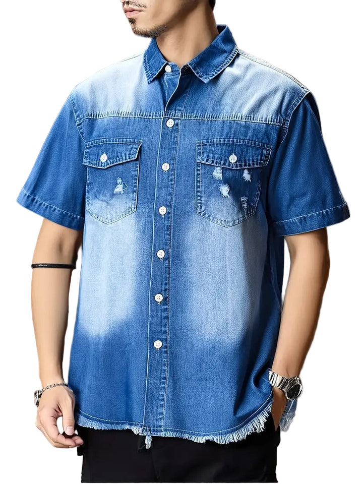 Heren Denim Korte Mouwen Shirt met Zakjes