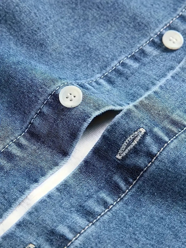 Heren Denim Korte Mouwen Shirt met Zakjes