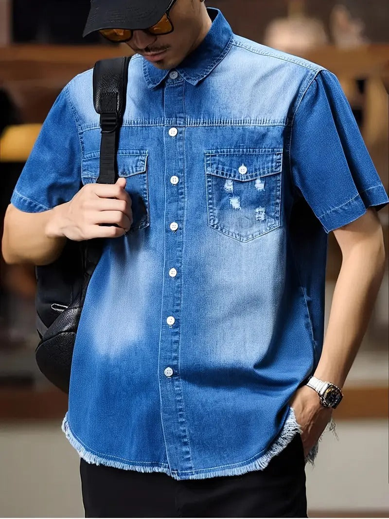 Heren Denim Korte Mouwen Shirt met Zakjes